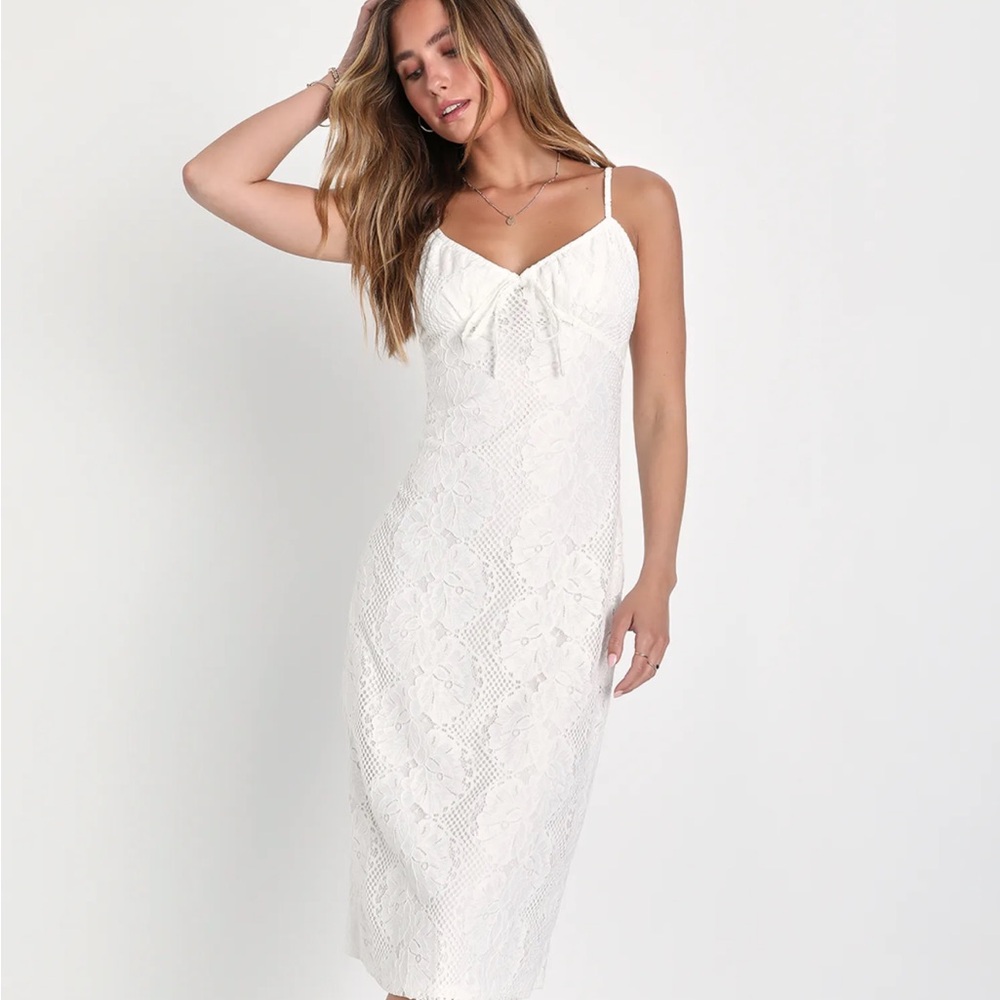 Lulu's White Lace Slip Midi Dress with Spaghetti Straps